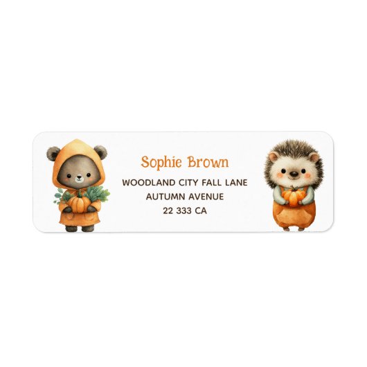 Cute Bear& Hedgehog Woodland Fall Return Address  ラベル (正面)