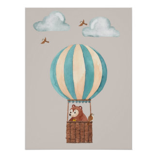 Cute Bear Hot Air Balloon Illustration Poster ポスター