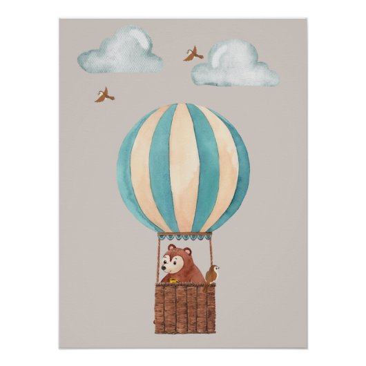 Cute Bear Hot Air Balloon Illustration Poster ポスター (正面)