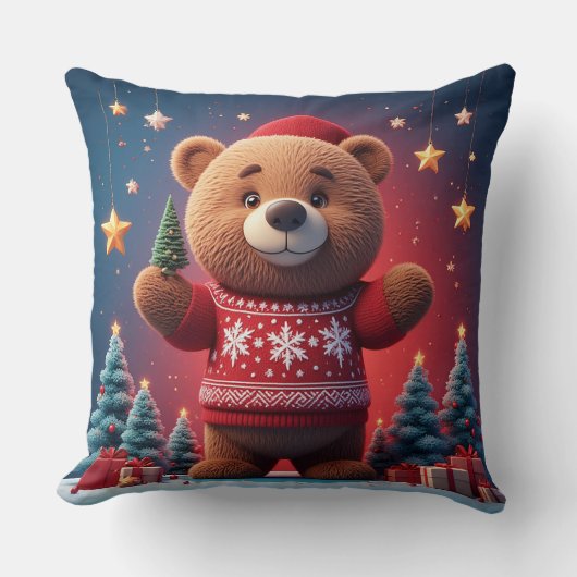 Cute Bear In Christmas Sweater クッション (正面)