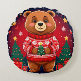 Cute Bear In Christmas Sweater ラウンドクッション