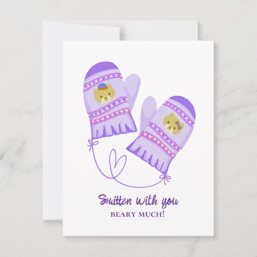 Cute Bear Love Purple Mittens Valentine's Day Card (正面)