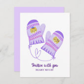 Cute Bear Love Purple Mittens Valentine's Day Card (正面/裏面)