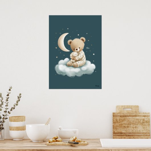 Cute Bear on Cloud Nursery Bedtime Wall Art ポスター (キッチン)