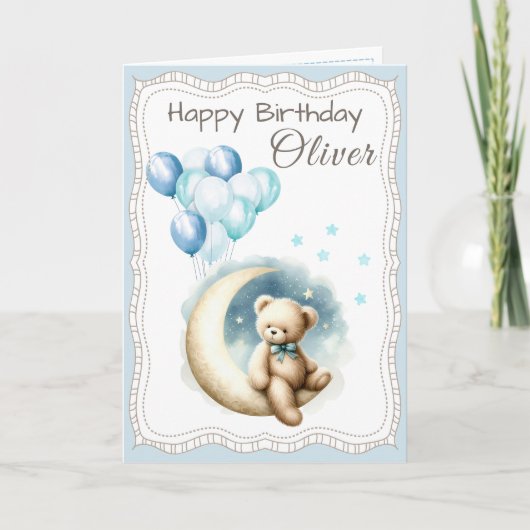 Cute Bear on the Moon Birthday Card for Boy  カード (正面)