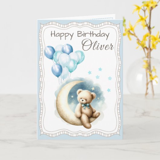 Cute Bear on the Moon Birthday Card for Boy  カード (黄色い花)