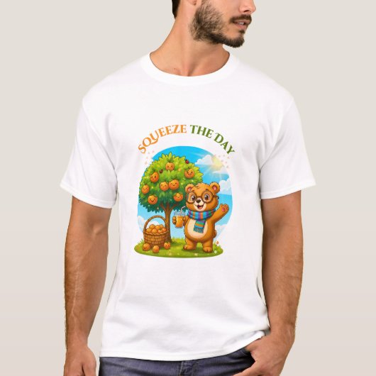 Cute Bear & Orange Tree - Squeeze The Day Illustra Tシャツ (正面)