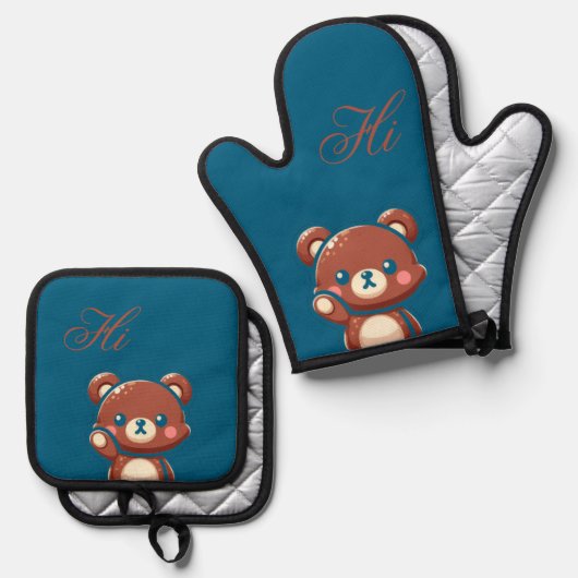 Cute Bear Oven Mitt and Pot Holder Set – Teal Blue 鍋つかみ&鍋敷きセット (正面/裏面)
