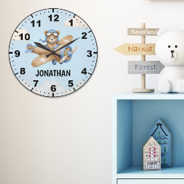 Cute Bear Pilot in a Sky Adventure ラージ壁時計