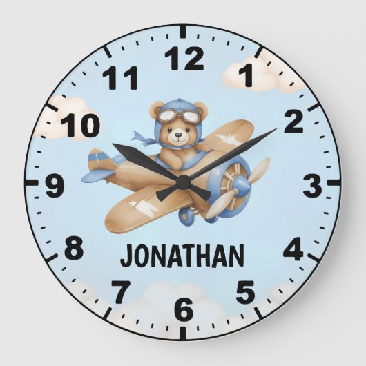 Cute Bear Pilot in a Sky Adventure ラージ壁時計 (正面)