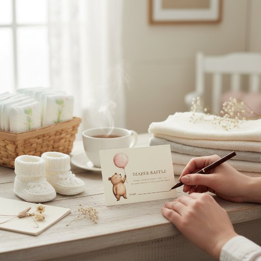 Cute Bear Pink Balloon Diaper Raffle Baby Shower  エンクロージャーカード