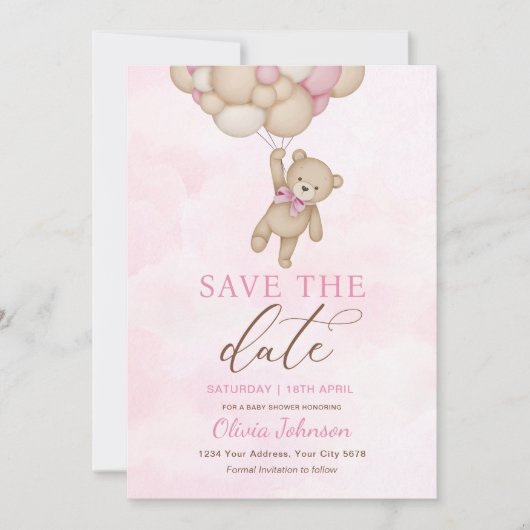 Cute Bear Pink Save the Date 招待状 (正面)