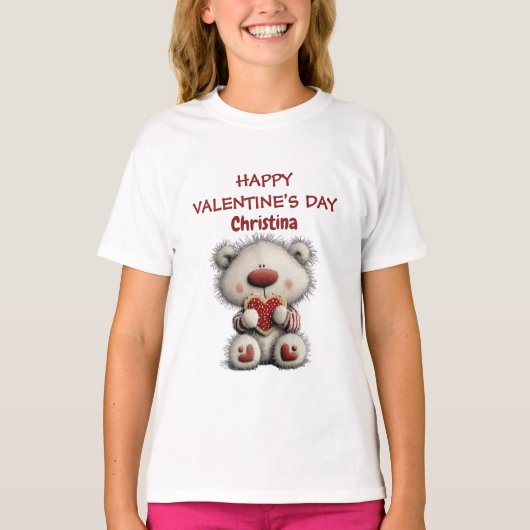 Cute Bear Red Happy Valentines Day Custom Name  Tシャツ (正面)