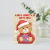 Cute Bear Santa Hat Present Happy Christmas Holida シーズンポストカード (スタンド正面)