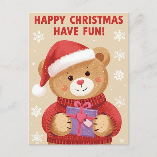 Cute Bear Santa Hat Present Happy Christmas Holida シーズンポストカード (正面)