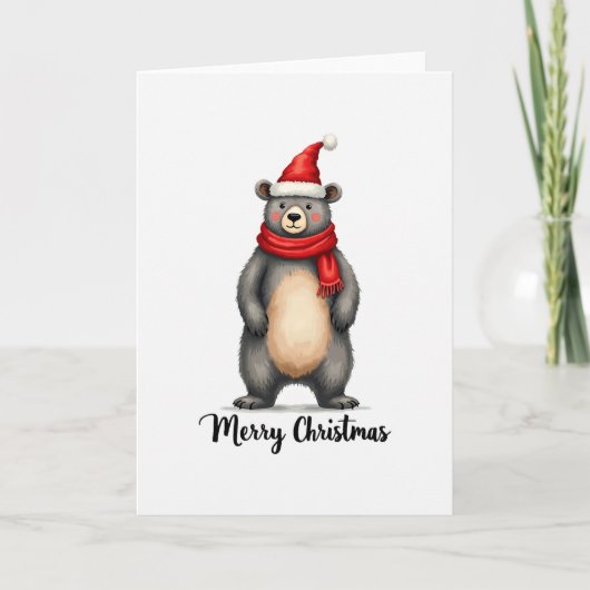 Cute Bear Santa Hat Scarf Merry Christmas Card Art カード (正面)