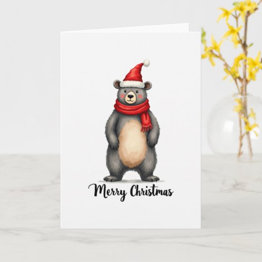 Cute Bear Santa Hat Scarf Merry Christmas Card Art カード (黄色い花)