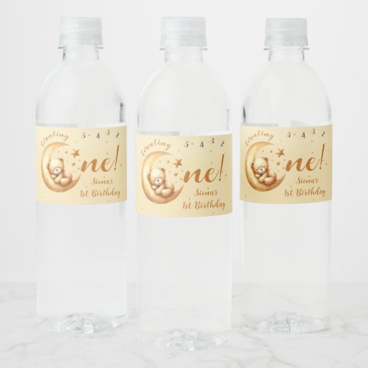 Cute Bear Sleep On The Moon 1st Birthday ペットボトルラベル (ボトル)