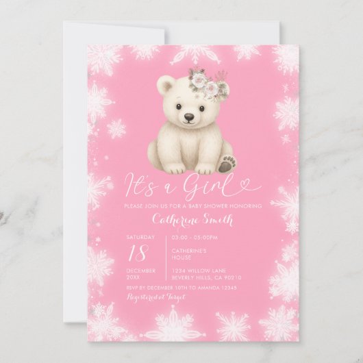 Cute Bear Winter White Snowflakes Girl Baby Shower 招待状 (正面)