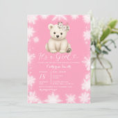 Cute Bear Winter White Snowflakes Girl Baby Shower 招待状 (スタンド正面)