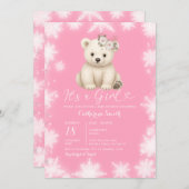 Cute Bear Winter White Snowflakes Girl Baby Shower 招待状 (正面/裏面)