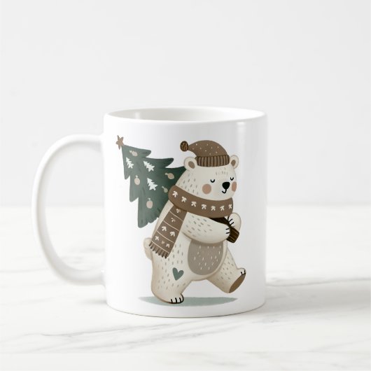 Cute Bear with Christmas Tree Drawing コーヒーマグカップ (左)