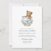 Cute Bear with Olive Branch Cross Boy Baptism 招待状 (正面)