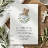 Cute Bear with Olive Branch Cross Boy Baptism 招待状