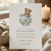Cute Bear with Olive Branch Cross Boy Baptism 招待状