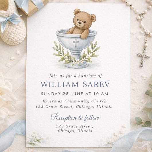 Cute Bear with Olive Branch Cross Boy Baptism 招待状