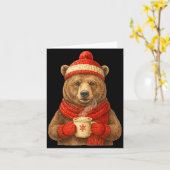Cute Bear With Santa Hat Coffee Lover Funny Winter カード (黄色い花)