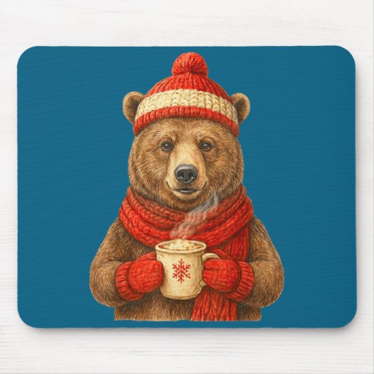 Cute Bear With Santa Hat Coffee Lover Funny Winter マウスパッド (正面)