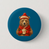 Cute Bear With Santa Hat Coffee Lover Funny Winter 缶バッジ (正面)