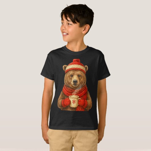 Cute Bear With Santa Hat Coffee Lover Funny Winter Tシャツ (正面フル)