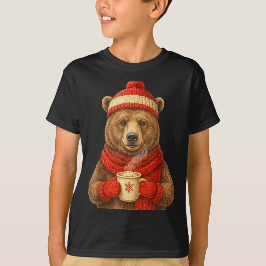 Cute Bear With Santa Hat Coffee Lover Funny Winter Tシャツ (正面)