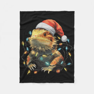 Cute Bearded Dragon Christmas Lights Santa Hat Xma フリースブランケット