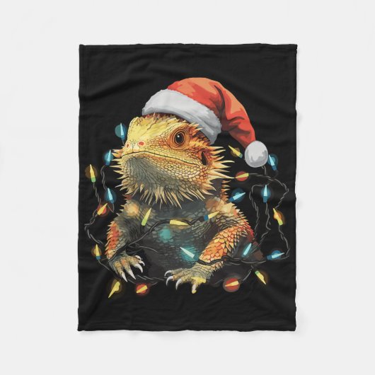 Cute Bearded Dragon Christmas Lights Santa Hat Xma フリースブランケット (正面)