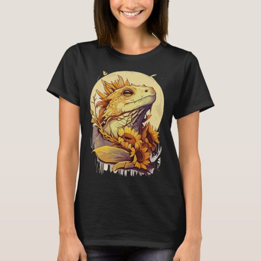 Cute Bearded Dragon Sunflower Reptile Lizard Tシャツ (正面)