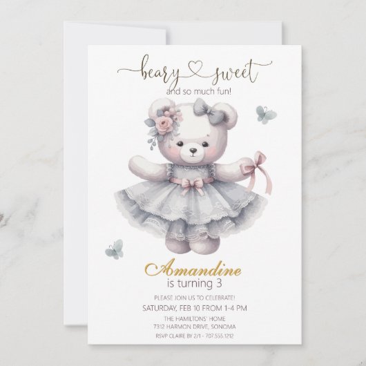 Cute bearly sweet  girl birthday  Invitation 招待状 (正面)