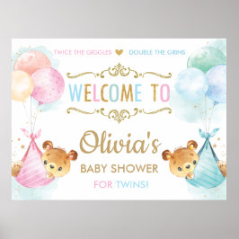Cute Bears Twins Boy Girl Baby Shower Welcome Sign ポスター