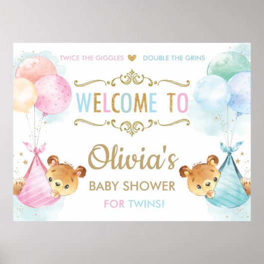 Cute Bears Twins Boy Girl Baby Shower Welcome Sign ポスター (正面)
