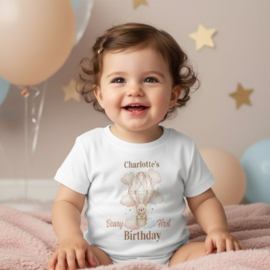 Cute Beary First Girl Birthday  ベビーTシャツ