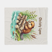 Cute beaver lovers add name  フリースブランケット (正面(横))