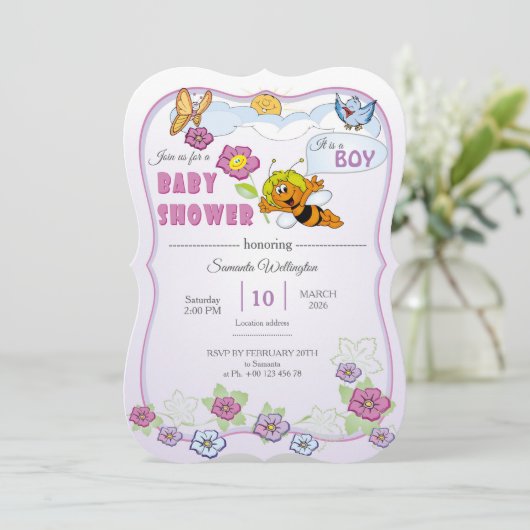Cute Bee Baby Shower Invitation. It is a boy! 招待状 (スタンド正面)
