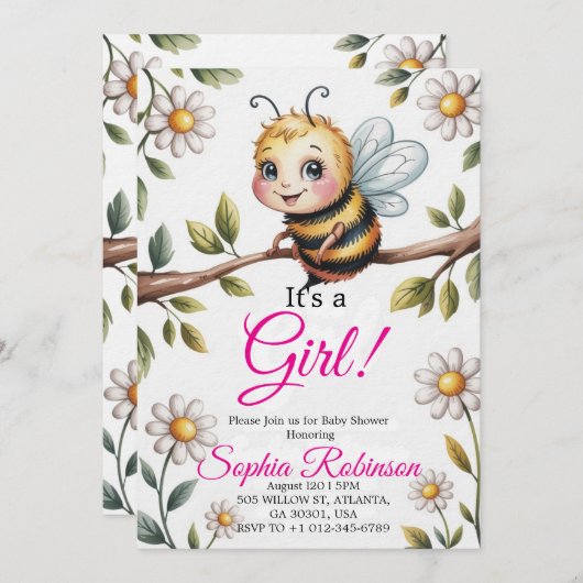 Cute Bee & Daisy Baby Shower Invitation 招待状 (正面/裏面)