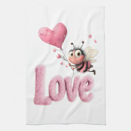 Cute Bee Fluffy Pink Love Heart Balloon  キッチンタオル