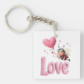 Cute Bee Fluffy Pink Love Heart Balloon  キーホルダー (正面)