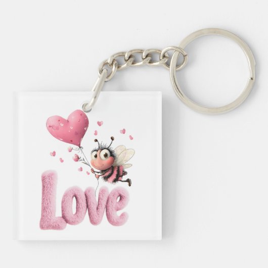 Cute Bee Fluffy Pink Love Heart Balloon  キーホルダー (裏面)