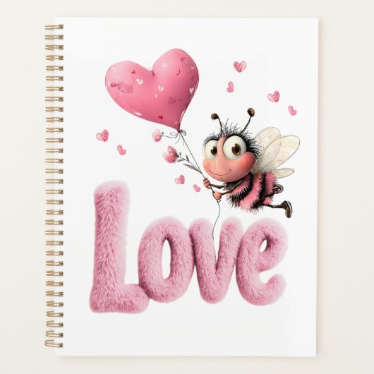 Cute Bee Fluffy Pink Love Heart Balloon  プランナー手帳 (正面)