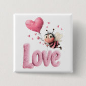 Cute Bee Fluffy Pink Love Heart Balloon  缶バッジ (正面)